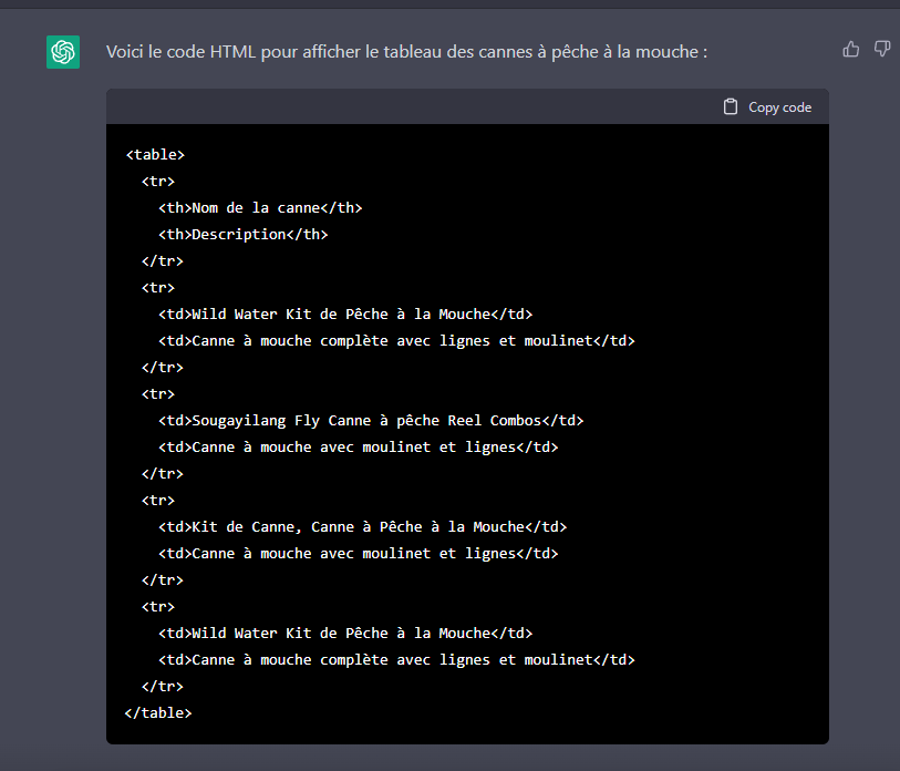 Code HTML par Chat GPT