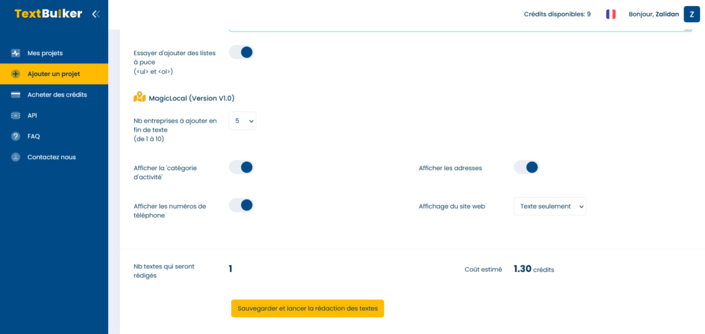 Tableau de bord Text Bulker