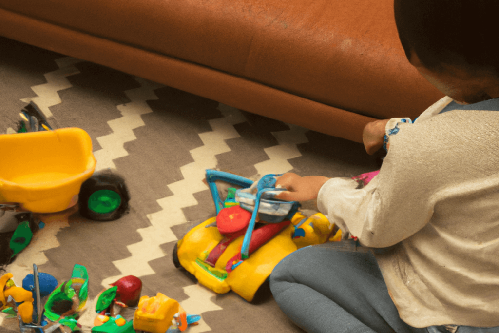 enfant entrain de jouer avec jouets par terre - image de DALL.E 2