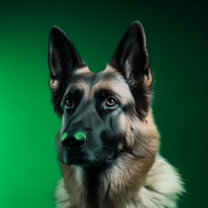 Portrait d'un berger allemand avec un fond vert