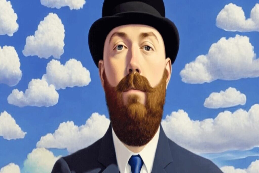 Portrait d'un homme barbu et qui porte un chapeau avec ciel en arrière-plan - image par RunwayML