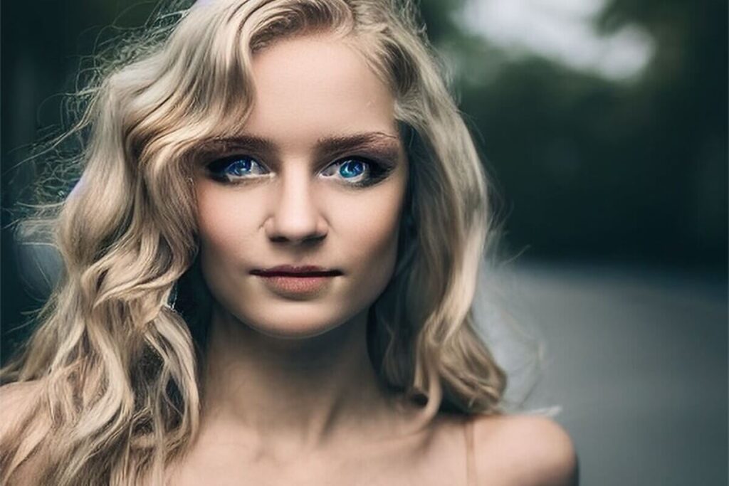Jolie blonde aux yeux bleus et cheveux ondulés - image par Jasper Art