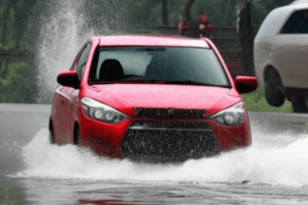 voiture rouge qui roule sous la pluie - image par Photosonic
