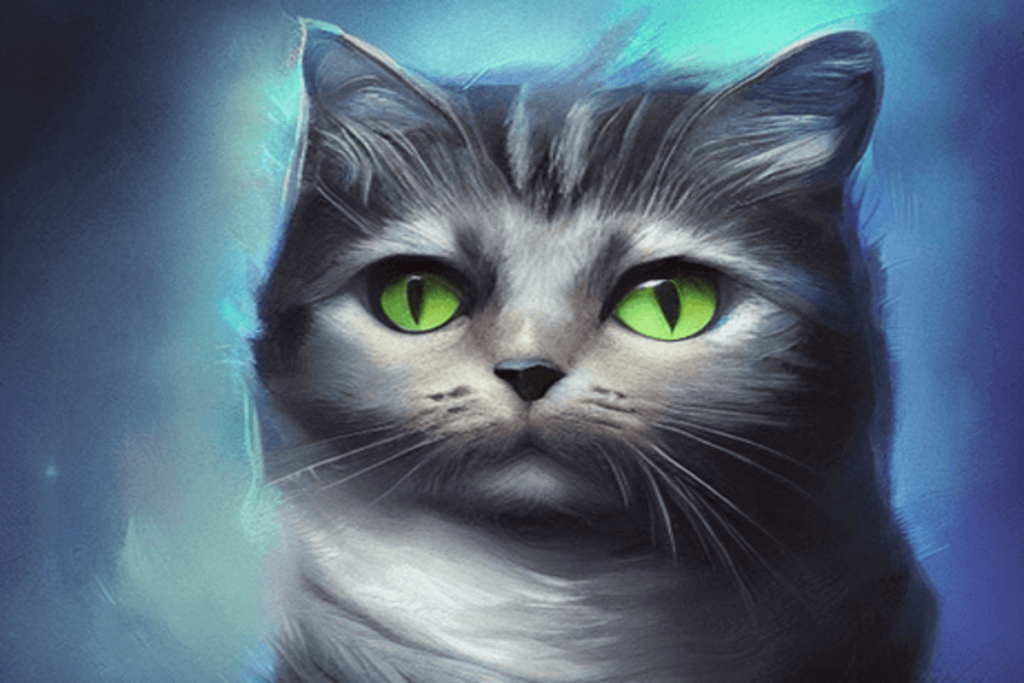 Portrait d'un chat gris aux yeux verts avec un fond bleu - image par Starryai