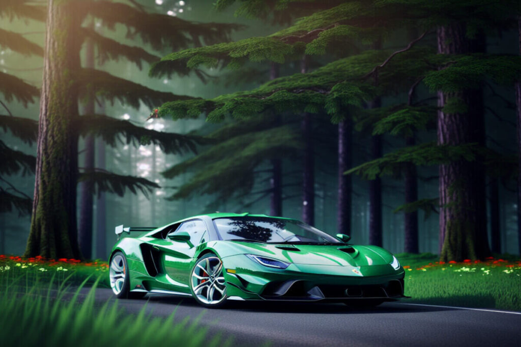 voiture de sport verte qui roule sur une route avec foret de sapin autour - image par Stockimg.ai
