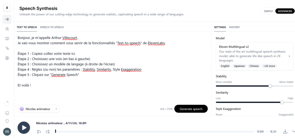 test de la fonctionnalité text-to-speech de elevenlabs