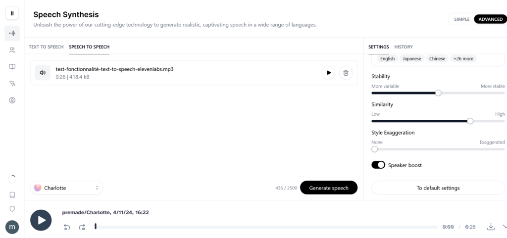 test de la fonctionnalité speech-to-speech de elevenlabs