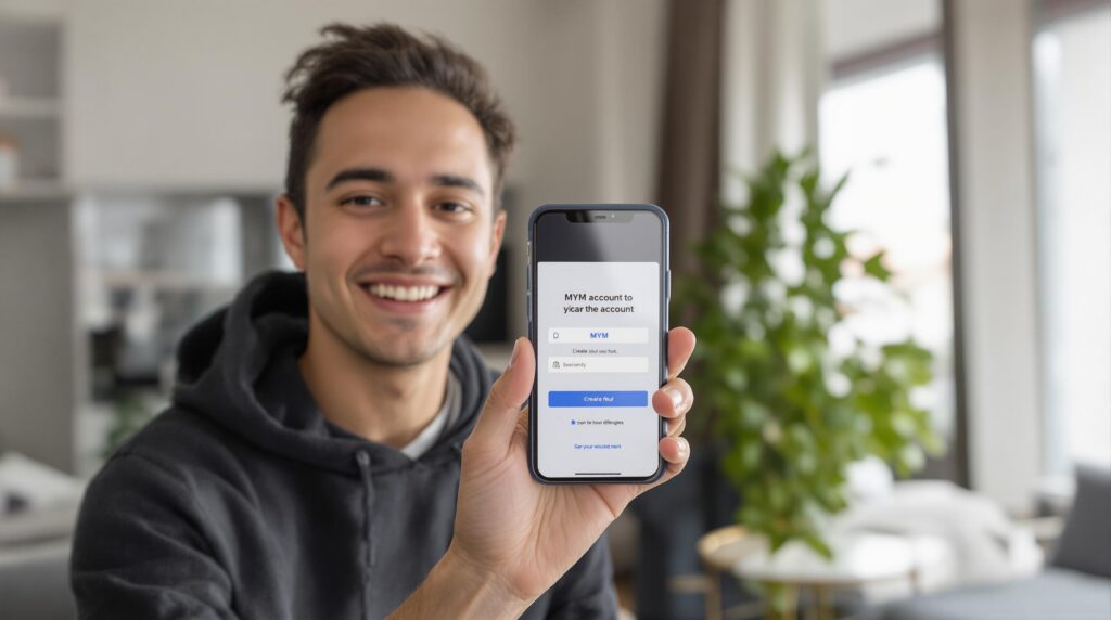 A smiling man holds up a phone displaying a MYM account login screen.