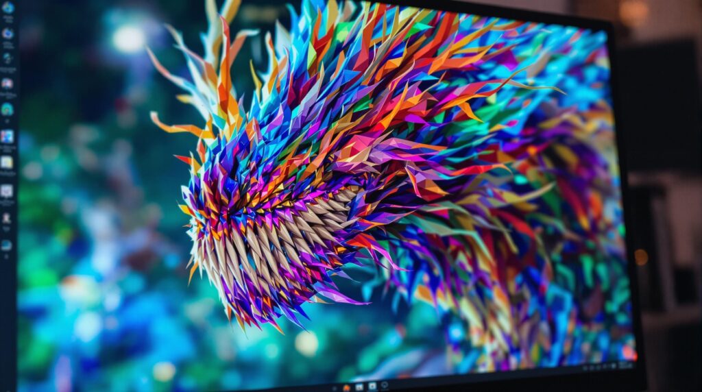 Écran d'ordinateur affichant un fond d'écran abstrait multicolore en forme de tête d'animal.