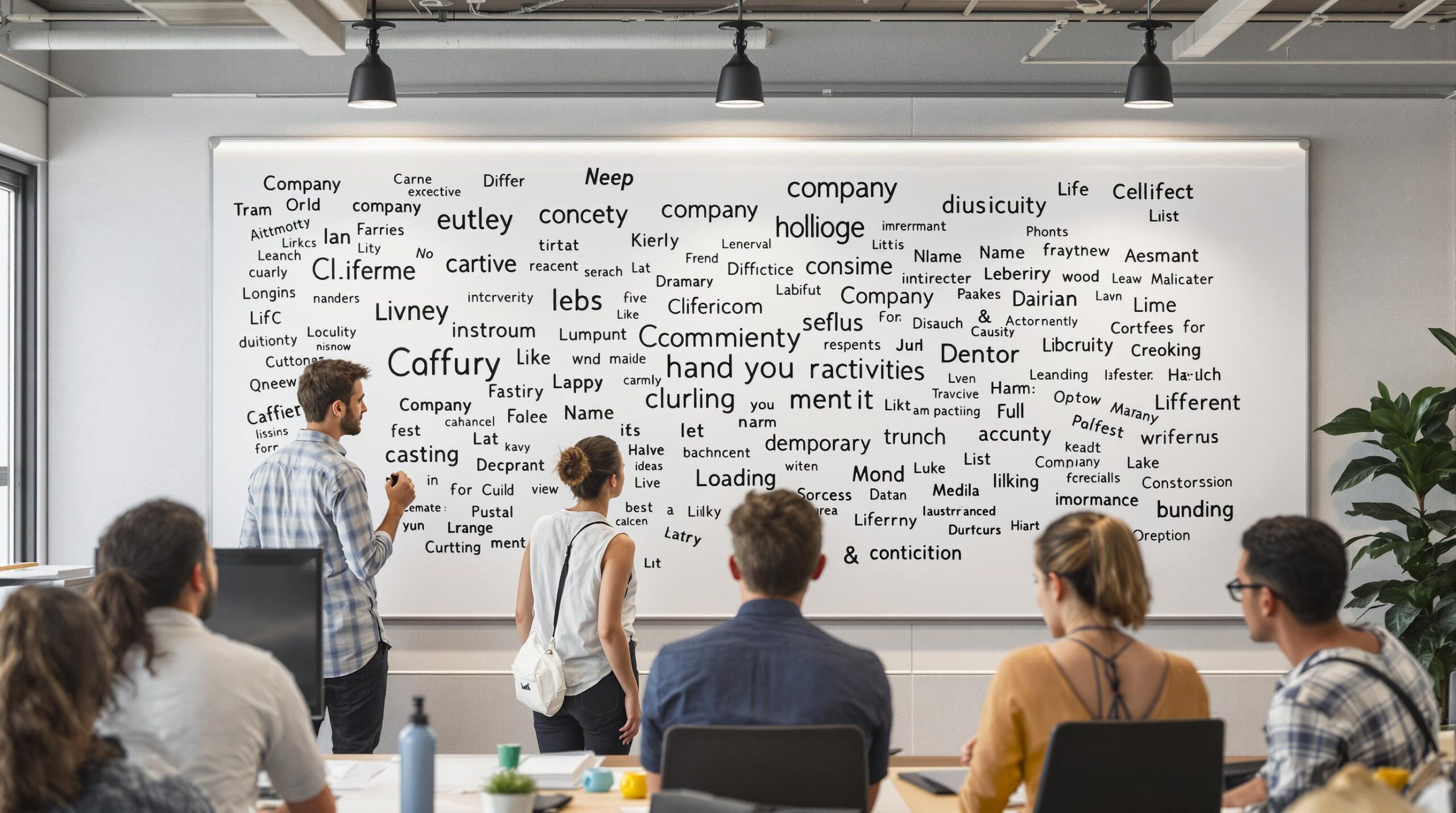 Des personnes regardent un tableau blanc rempli de mots aléatoires lors d'une présentation.