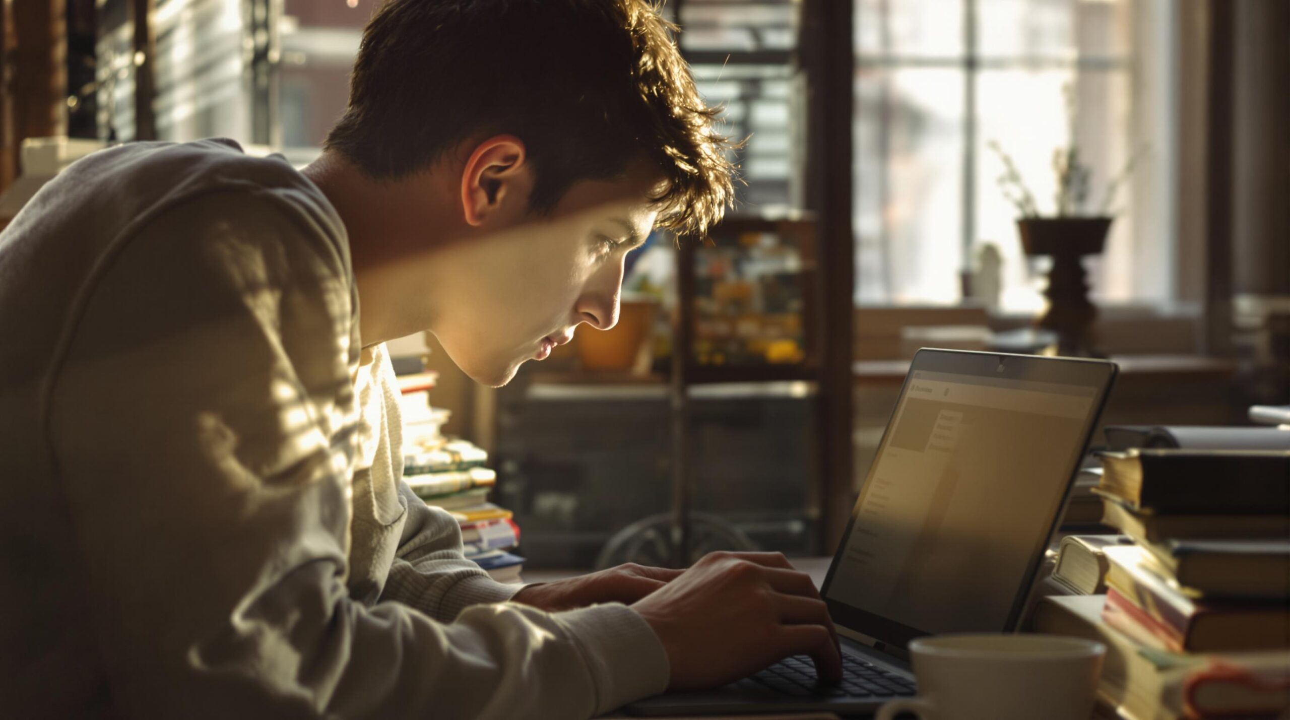 Jeune homme travaillant sur un ordinateur portable entouré de livres