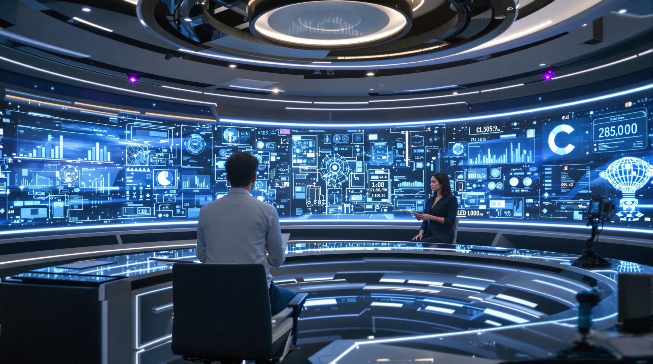 Futuristic news studio with two people in front of a large display of data and graphs.