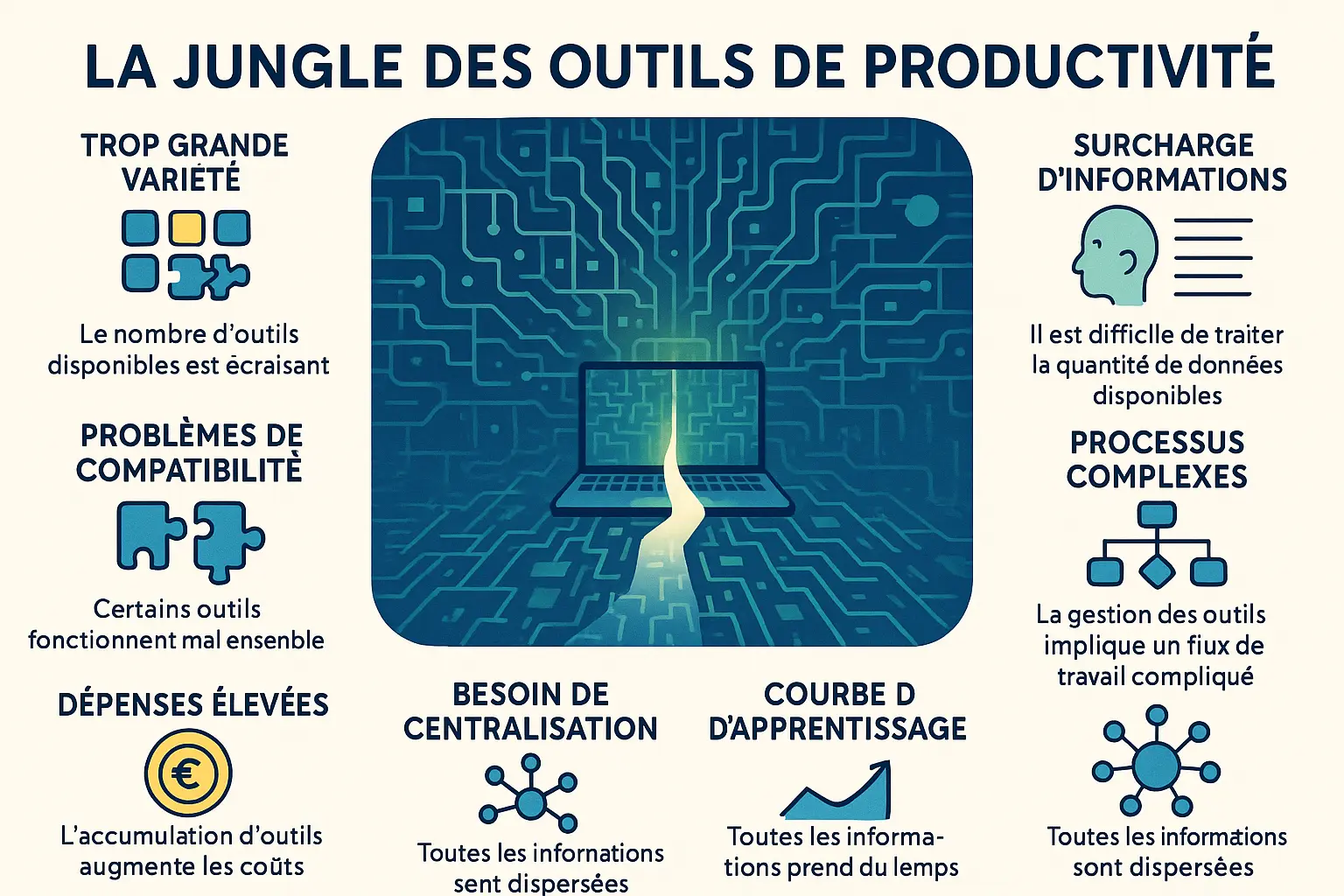 Illustration d'une personne jonglant avec plusieurs icônes d'outils de productivité dans un environnement de bureau