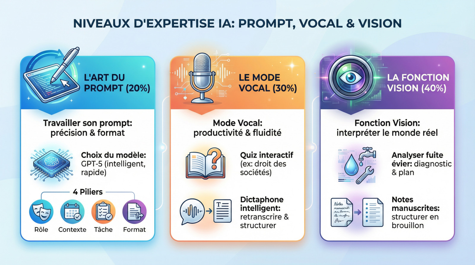 Schéma illustrant la progression des niveaux d'expertise sur ChatGPT : prompt, vocal et vision