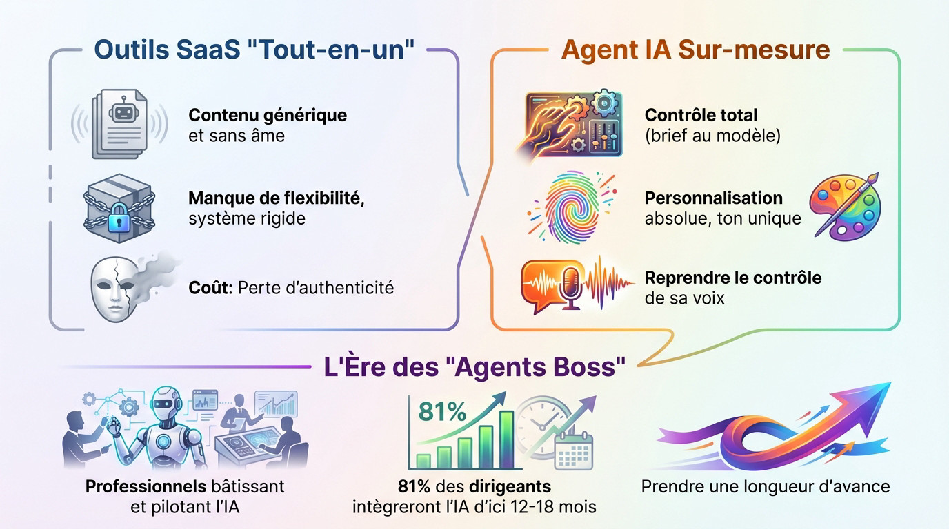 Illustration comparant les outils SaaS rigides et un agent IA sur-mesure flexible pour LinkedIn