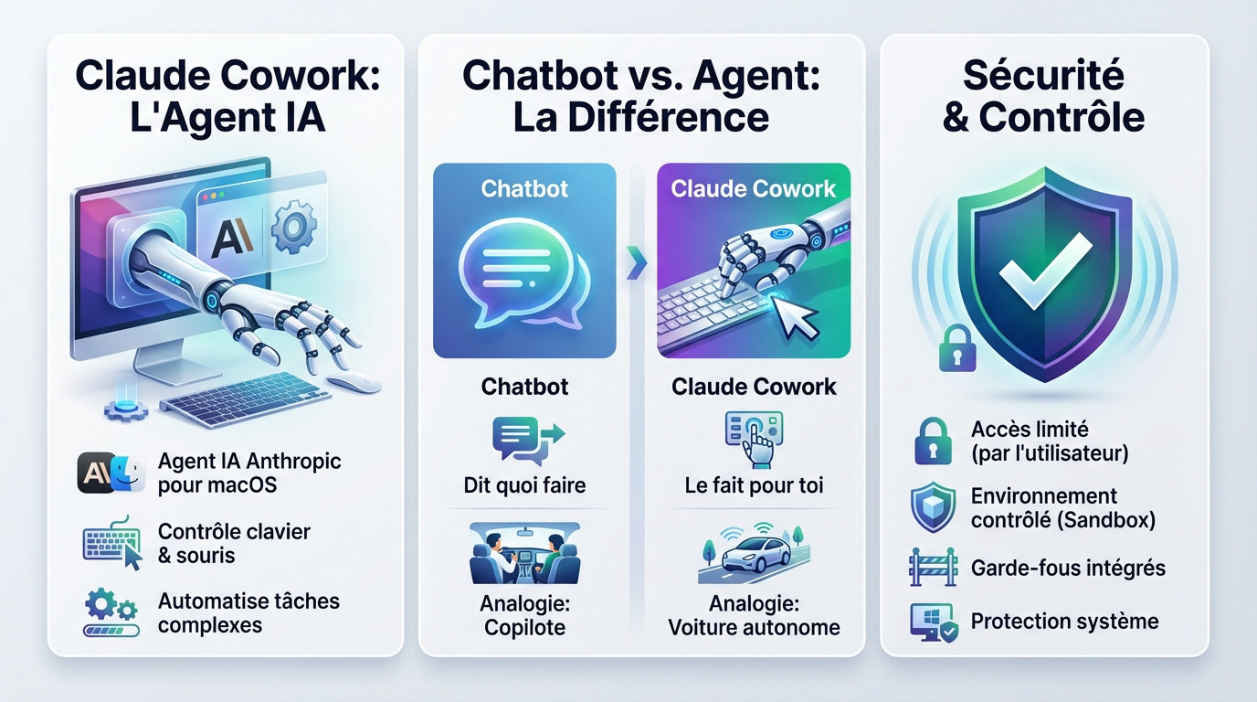 Comparaison visuelle entre un chatbot classique et l'agent IA Claude Cowork sécurisé sur macOS
