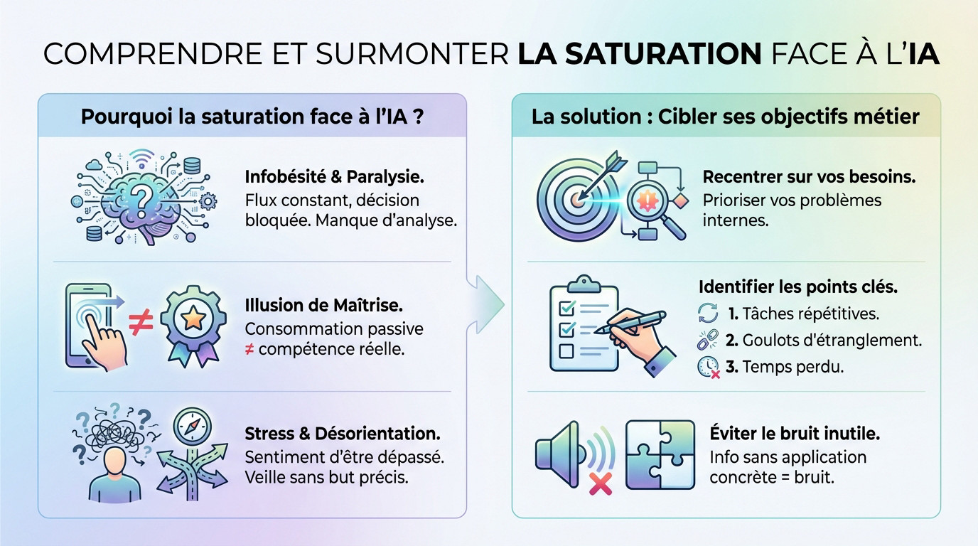 Illustration d'une personne saturée par le flux d'informations sur l'intelligence artificielle