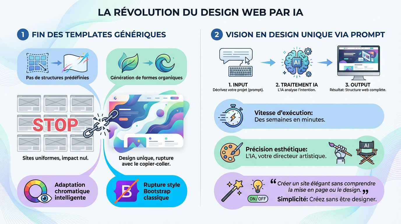 Interface moderne d'un outil de création de site web par intelligence artificielle montrant des designs uniques