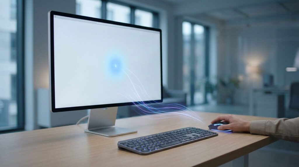 Sleek desktop with AI-driven cursor, blue energy lines from mouse to screen. A hand observes, symbolizing human oversight of automation.