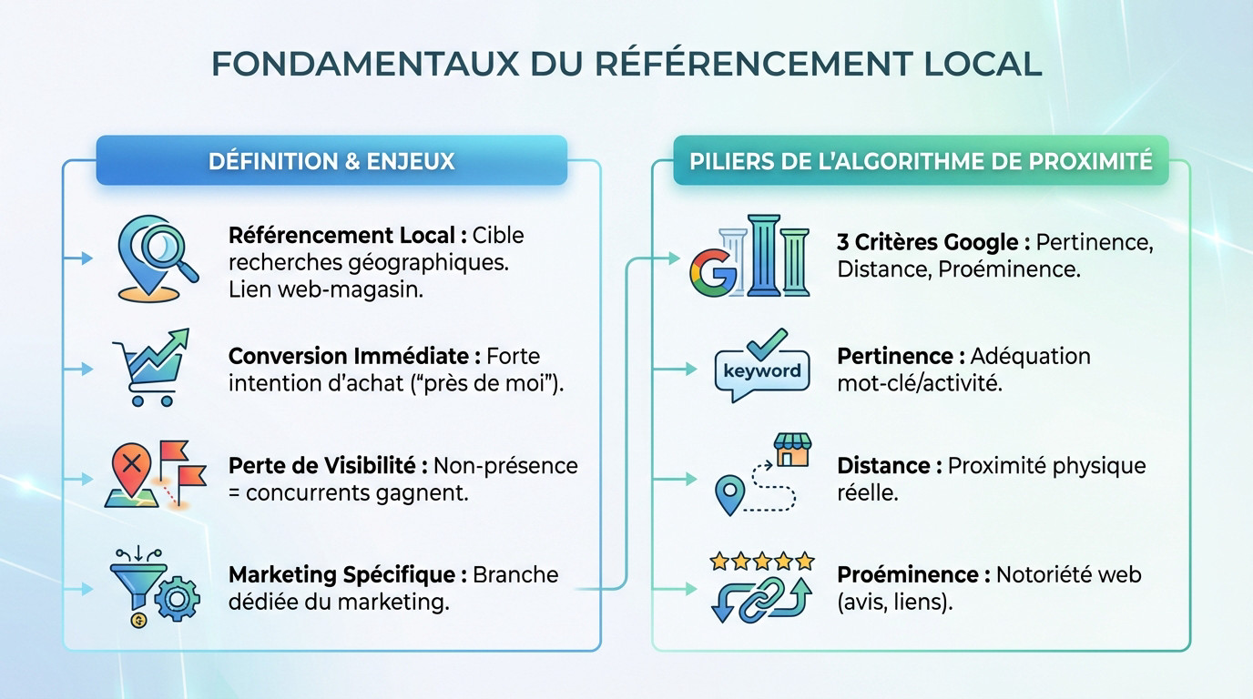 Illustration des fondamentaux du référencement local mettant en avant la géolocalisation et la visibilité sur carte