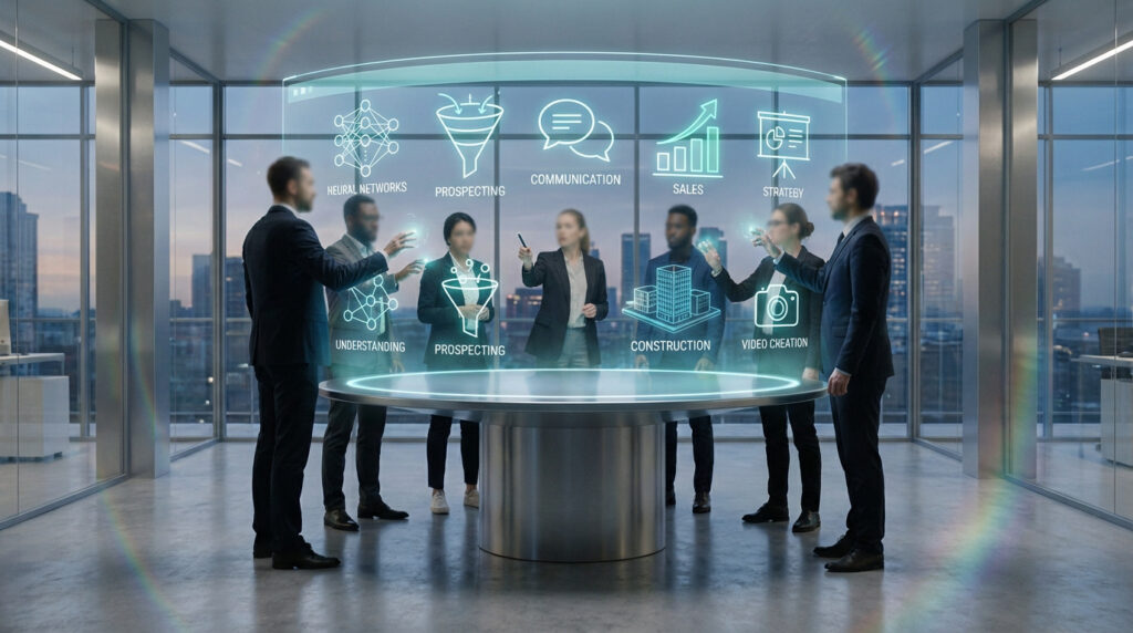 Sept personnes dans un bureau moderne interagissent avec un affichage holographique montrant des outils IA et des concepts métier.