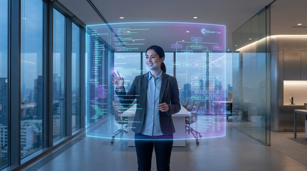 Femme interagissant avec une interface holographique