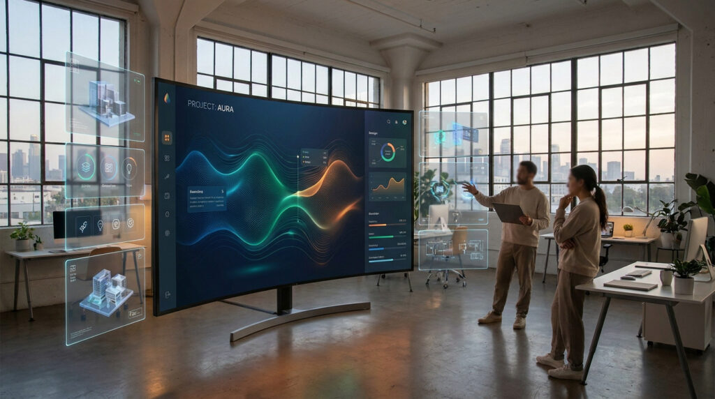 Bureau moderne: deux personnes devant un grand écran avec données, interfaces holographiques 3D flottantes et vue sur la ville.