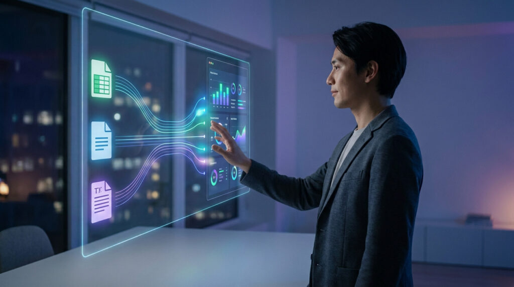 Un homme interagit avec une interface holographique futuriste affichant des flux de documents vers un tableau de bord d'analyse.