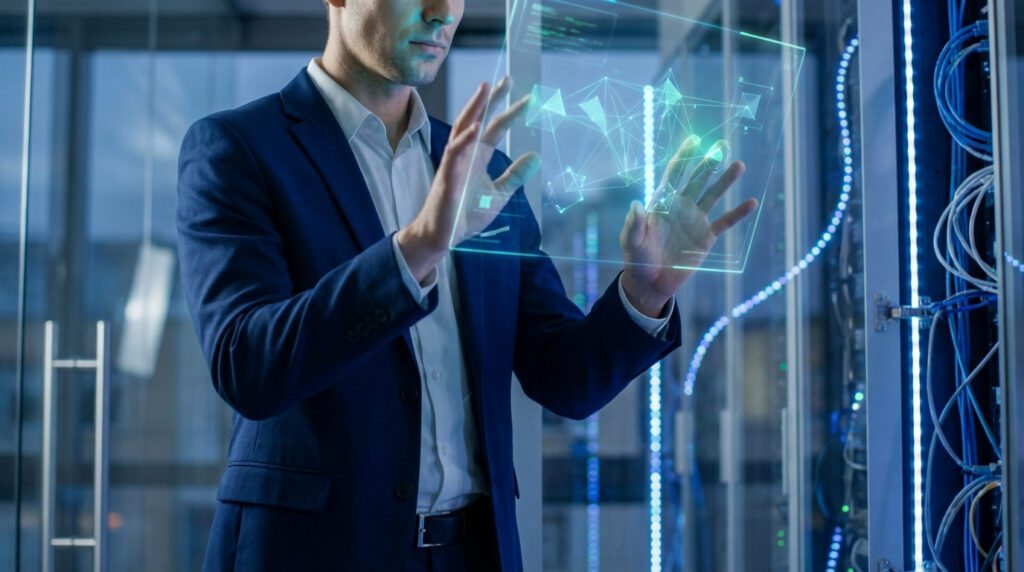 Un homme en costume interagit avec une interface holographique de données complexe, dans un environnement de centre serveur lumineux.