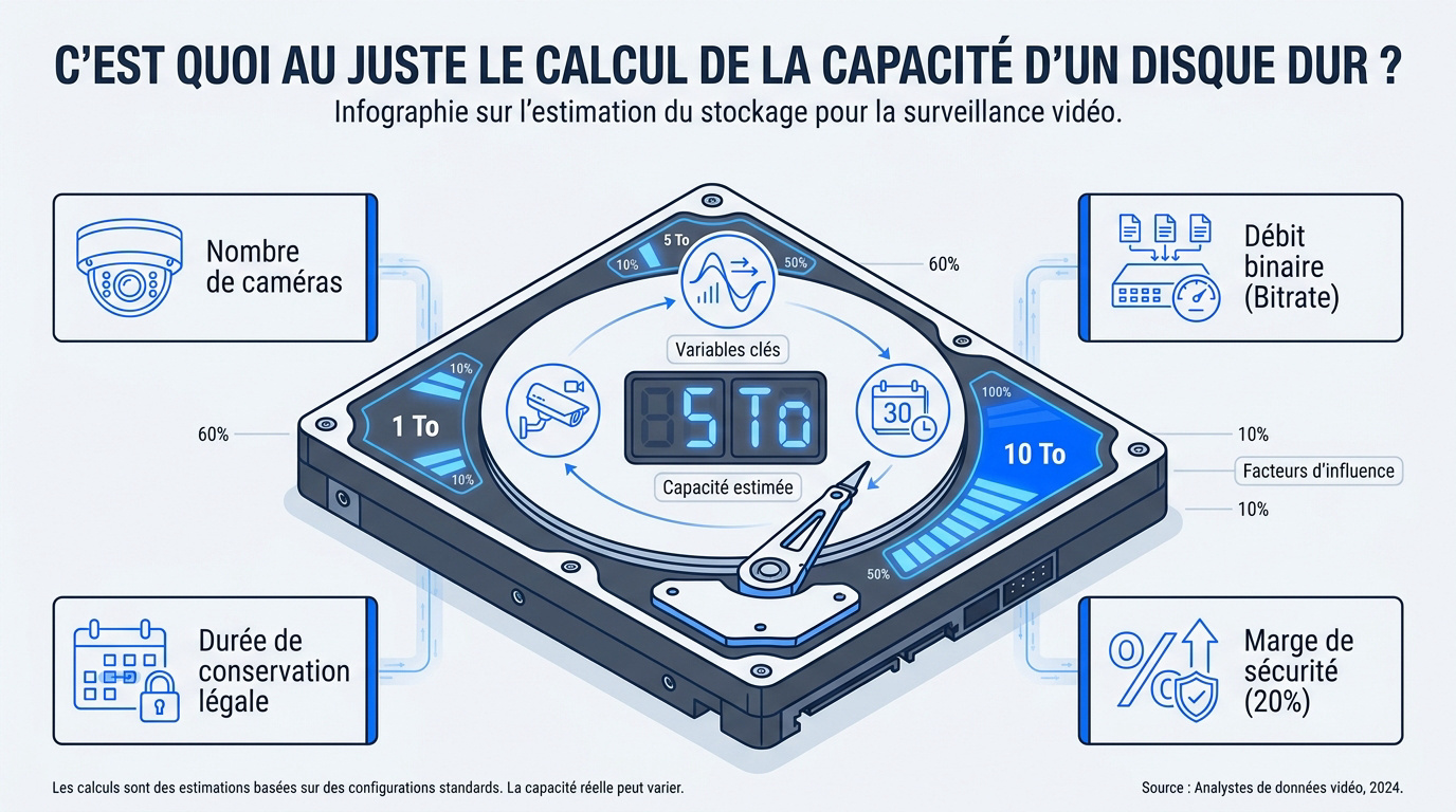 Schéma explicatif pour le calcul de la capacité d'un disque dur de vidéosurveillance