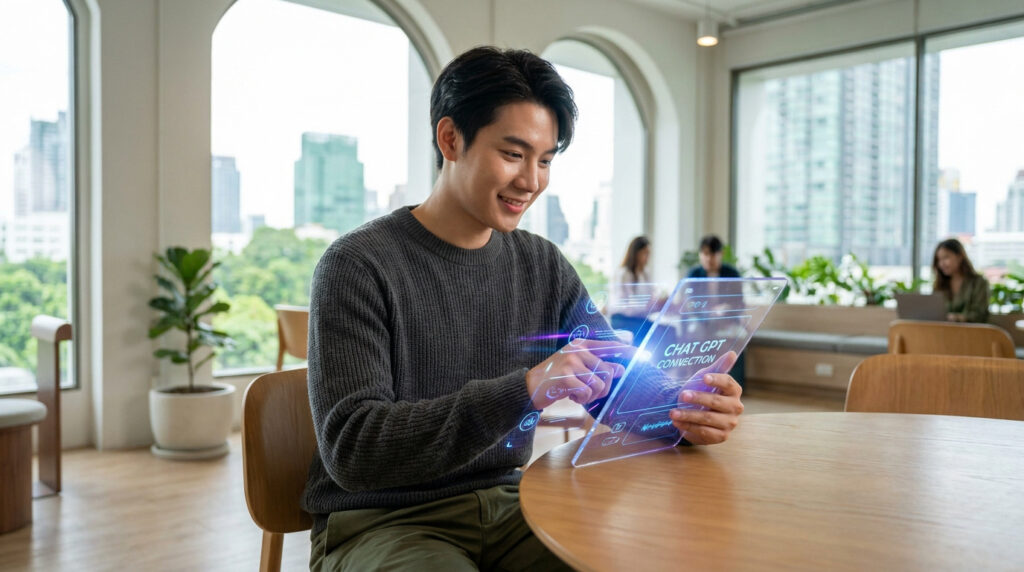 Un jeune homme souriant utilise une interface holographique futuriste pour se connecter à ChatGPT dans un bureau moderne.