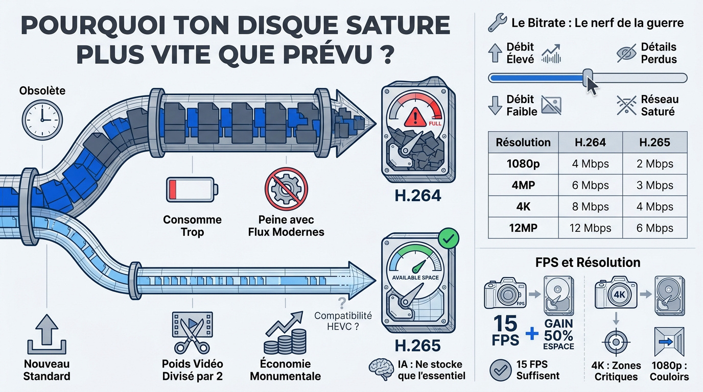 Comparaison de compression entre les codecs H.264 et H.265 pour le stockage vidéo