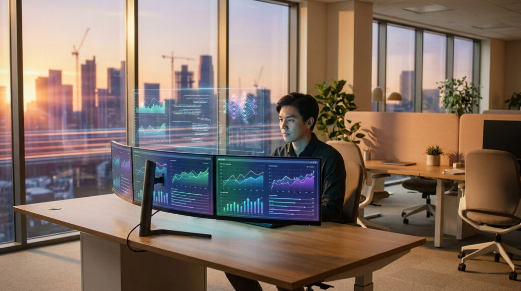 Un analyste devant trois écrans affichant des graphiques de données complexes dans un bureau moderne au coucher du soleil.