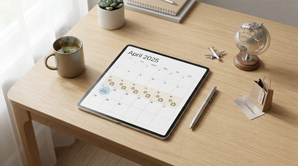 Une tablette affichant le calendrier d'avril 2025 posée sur un bureau en bois avec une tasse de thé et des accessoires.