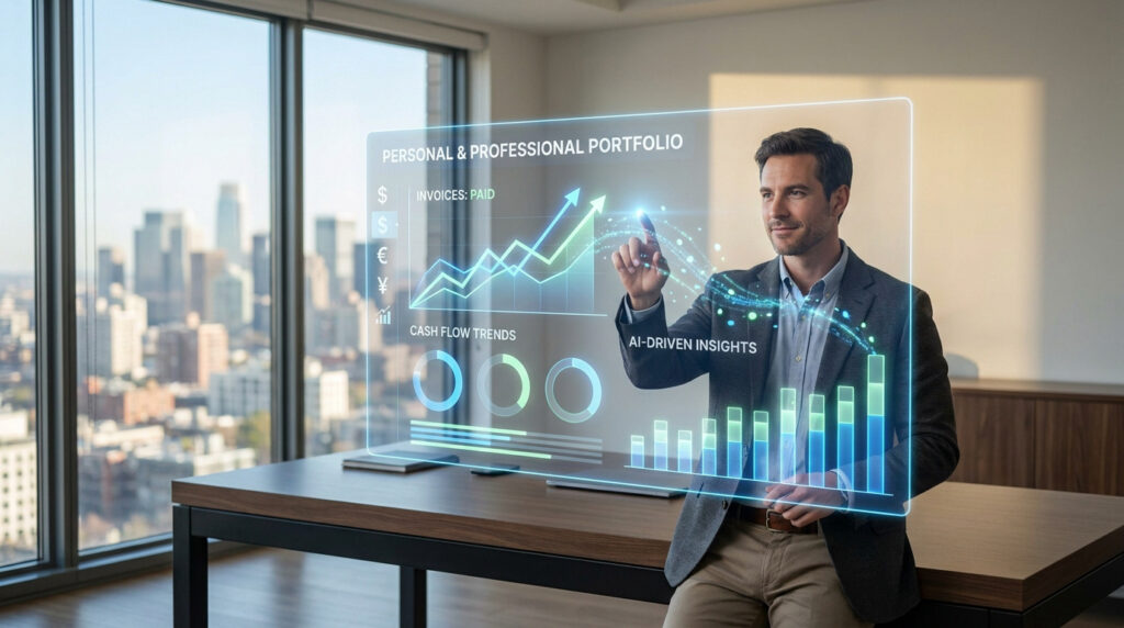 Homme d'affaires interagissant avec une interface holographique de gestion financière devant une vue sur la ville.