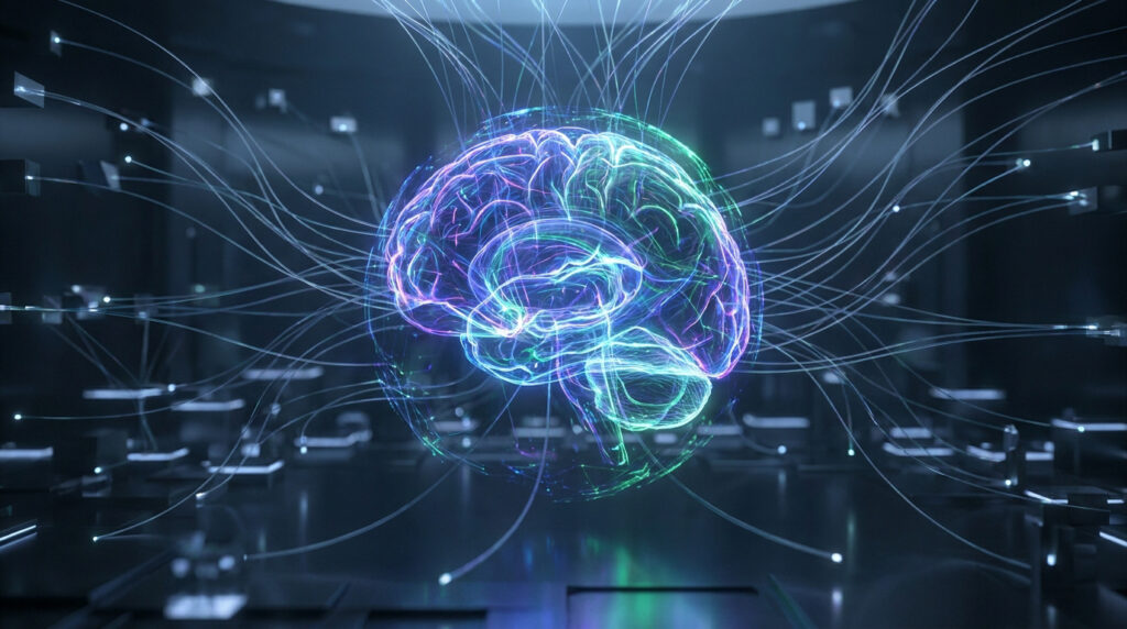 Représentation holographique d'un cerveau humain connecté par des faisceaux de lumière à un environnement technologique.