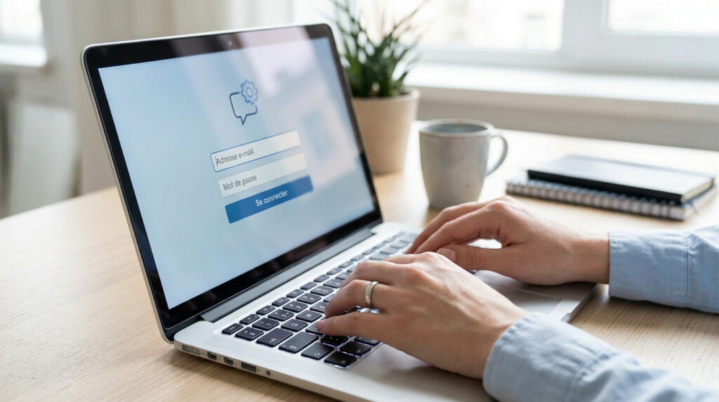 Mains d'une personne tapant sur le clavier d'un ordinateur portable affichant une page de connexion.