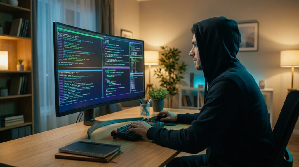 Un développeur en sweat à capuche travaille sur un écran large affichant du code informatique dans un bureau.