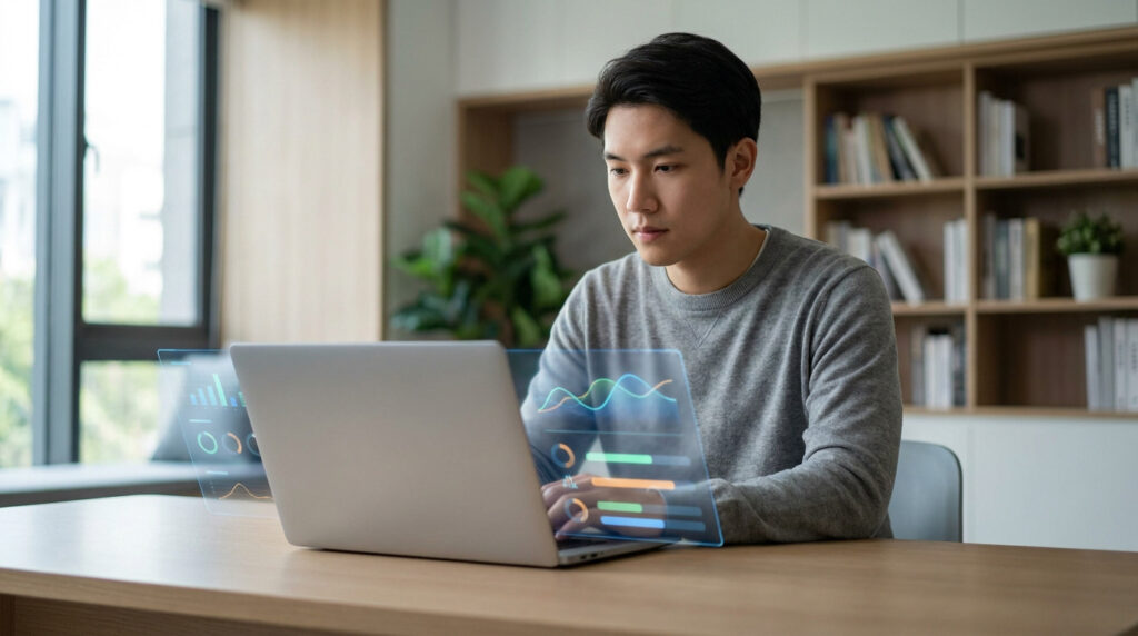 Un étudiant consulte des données académiques numériques sur son ordinateur portable dans un bureau moderne.