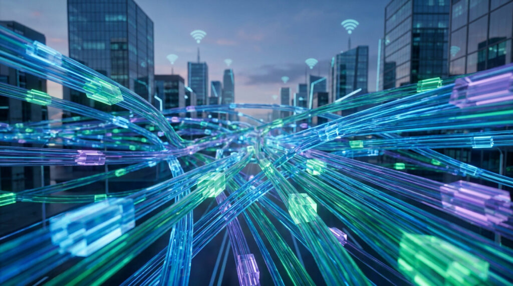 Visualisation de données circulant sous forme de blocs lumineux dans des câbles optiques au cœur d'une ville connectée.