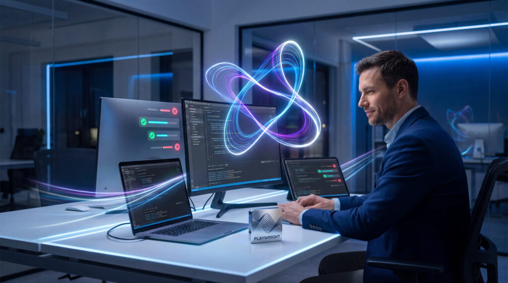Un développeur en costume travaillant sur plusieurs écrans avec des flux de données lumineux et le logo Playwright.