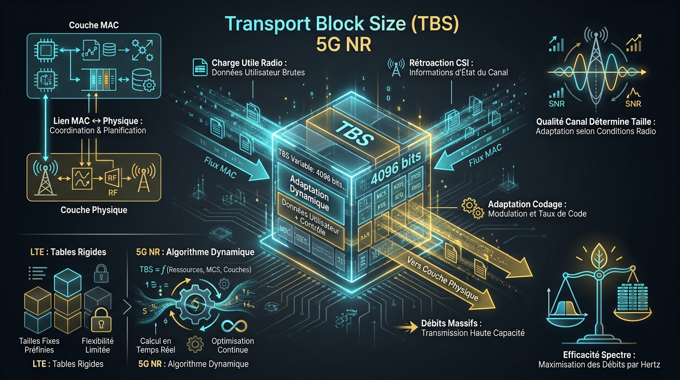 Infographie expliquant le calcul du Transport Block Size en 5G NR