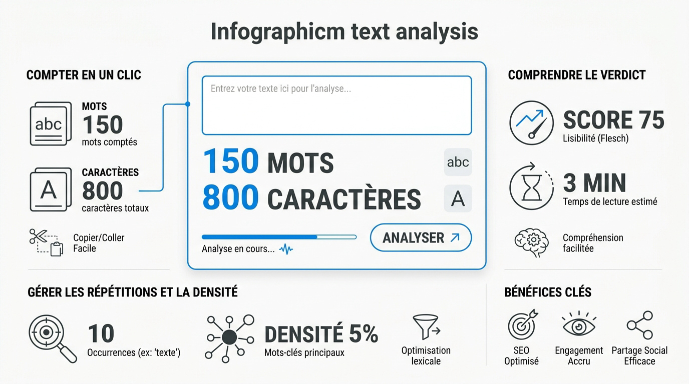 Infographie montrant les métriques d'analyse de texte comme le nombre de mots et la lisibilité