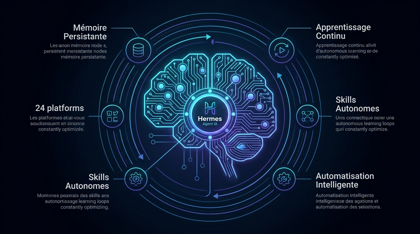 Infographie présentant le fonctionnement de la mémoire persistante et du cerveau numérique de Hermes Agent