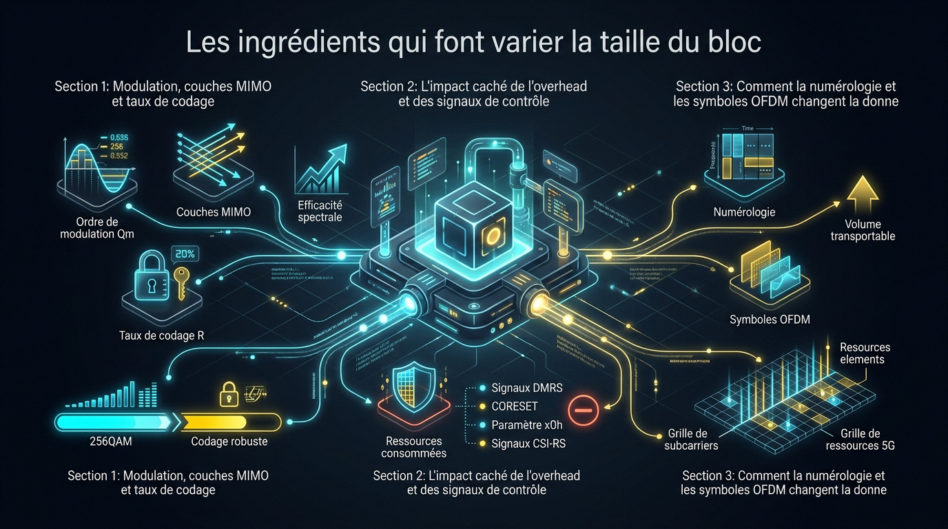 Schéma des paramètres influençant le transport block size en 5G NR