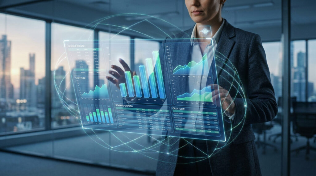Professionnelle utilisant une interface holographique affichant des données financières et graphiques de croissance.