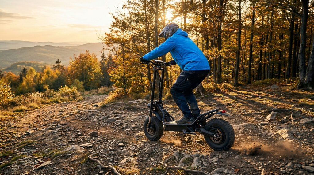 Un homme en tenue de protection roule sur une trottinette électrique tout-terrain sur un sentier rocailleux en forêt.