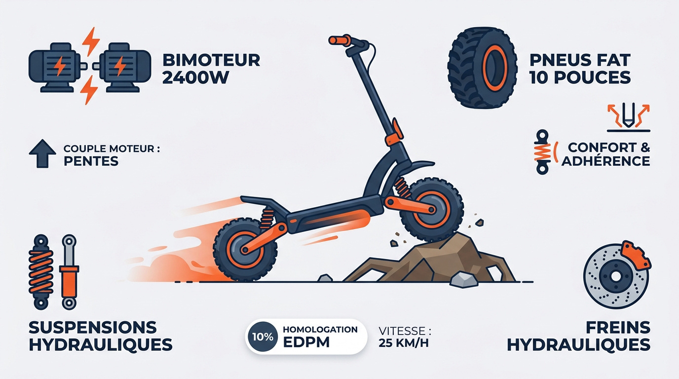 Trottinette électrique tout terrain avec double moteur et pneus crantés en pleine nature
