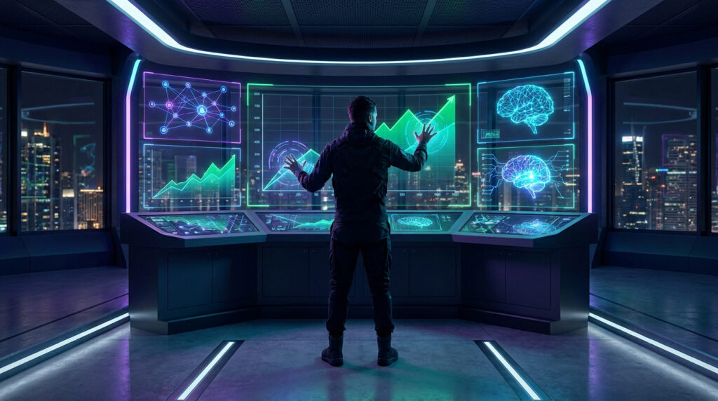 Expert interagissant avec des écrans futuristes affichant des données SEO, des graphiques de croissance et une IA.