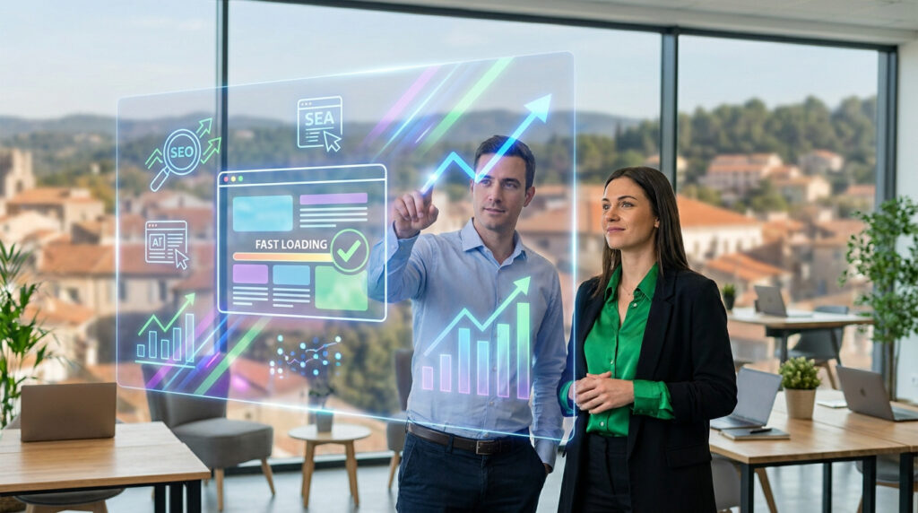 Un homme et une femme travaillant sur une interface holographique futuriste affichant des statistiques de marketing digital.